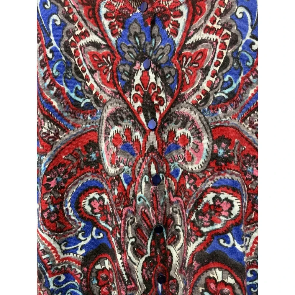 Talbots Petite Merino Wool Paisley Cardigan Sweater MP Boho Colorful